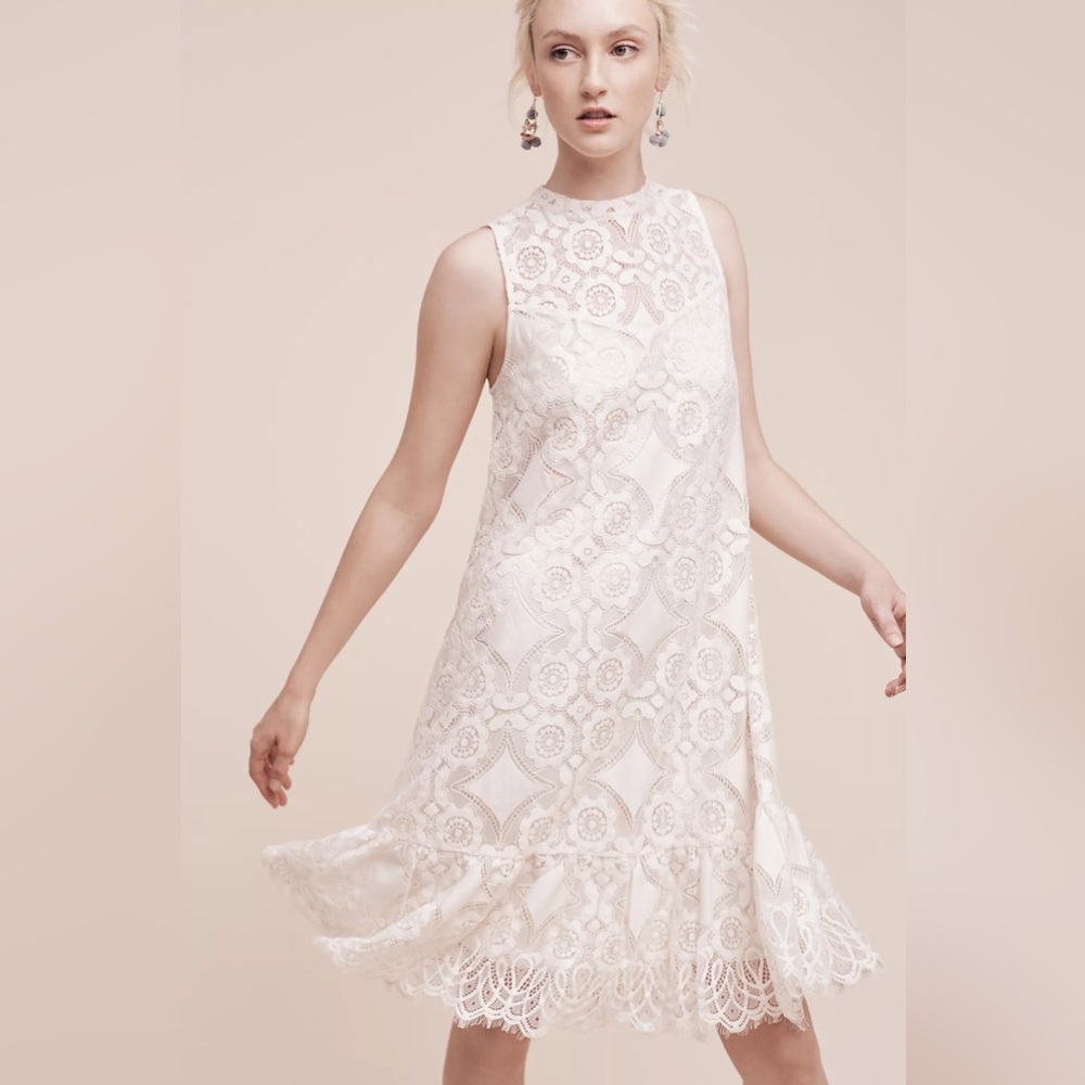Anthropologie Floreat Manon Lace Shift Midi Dress‎ Cream Ecru Floral Lace Size 2